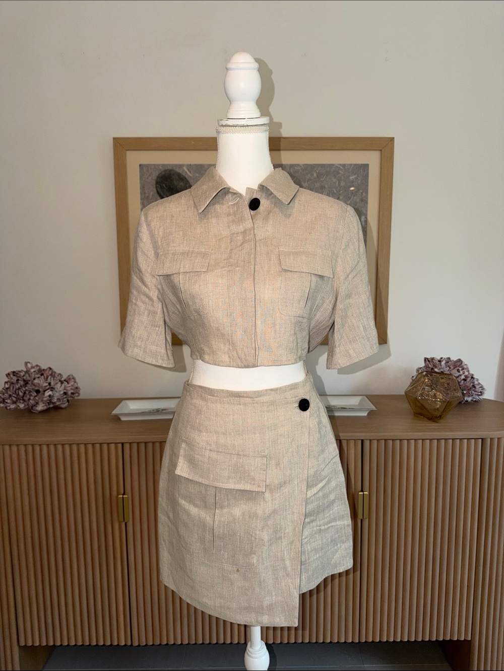 Beige Cropped Utility Shirt & Wrap Mini Skirt Set